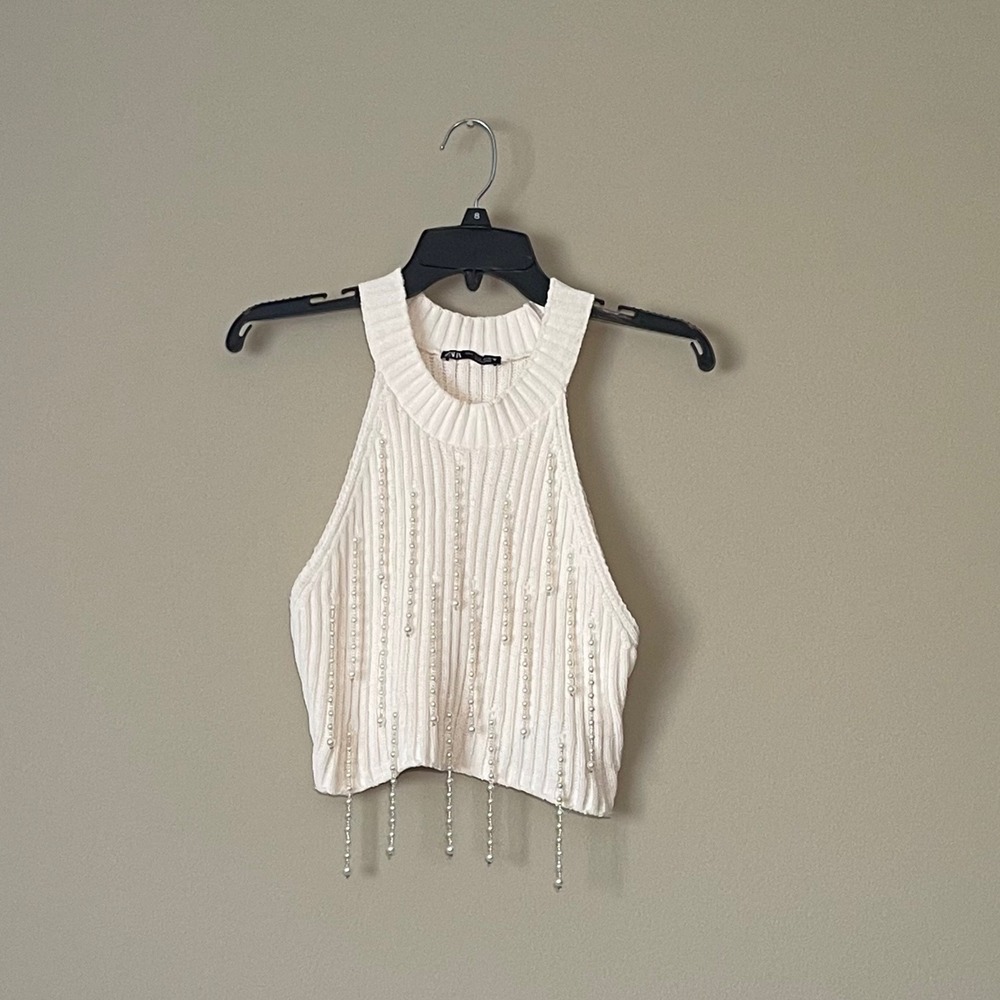 ZARA White Ribbed Halter Neck Beaded Crop Top